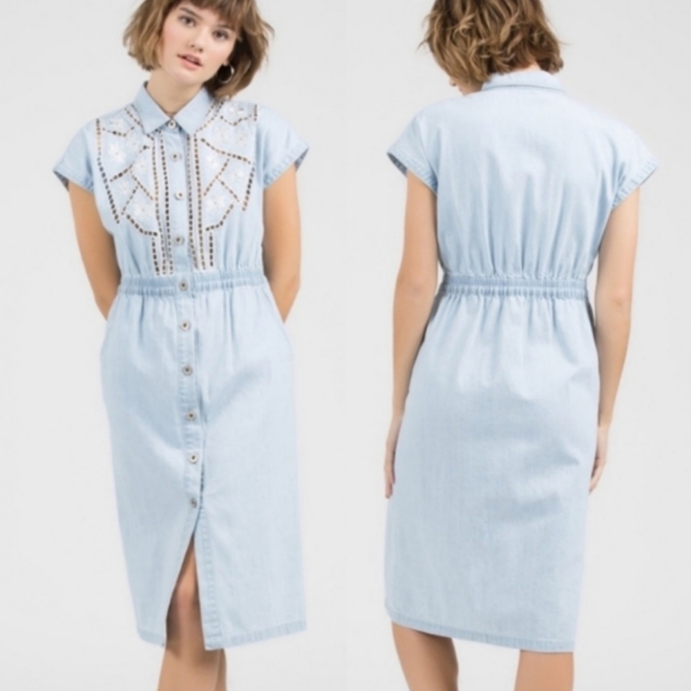 Pol Blue Chambray Denim Eyelet Lace Dress - Picture 4 of 8